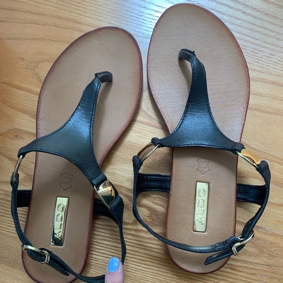 Aldo Shoes - ALDO BLACK AND GOLD FLAT SANDALS